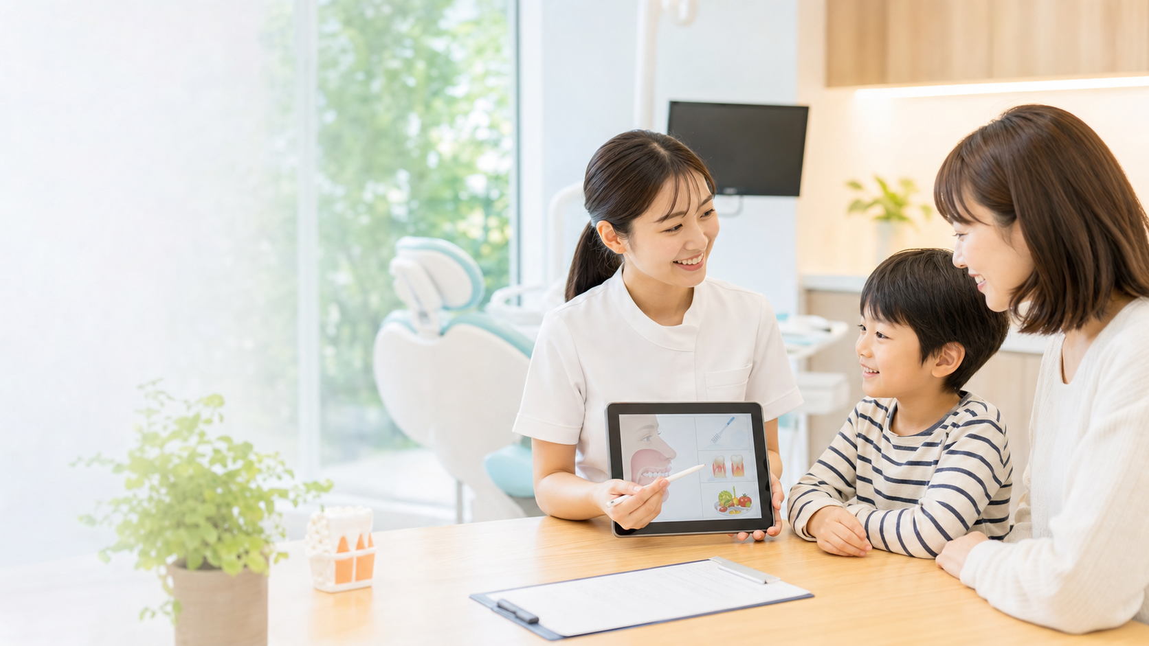 親子と歯科スタッフが予防型小児歯科について相談している様子