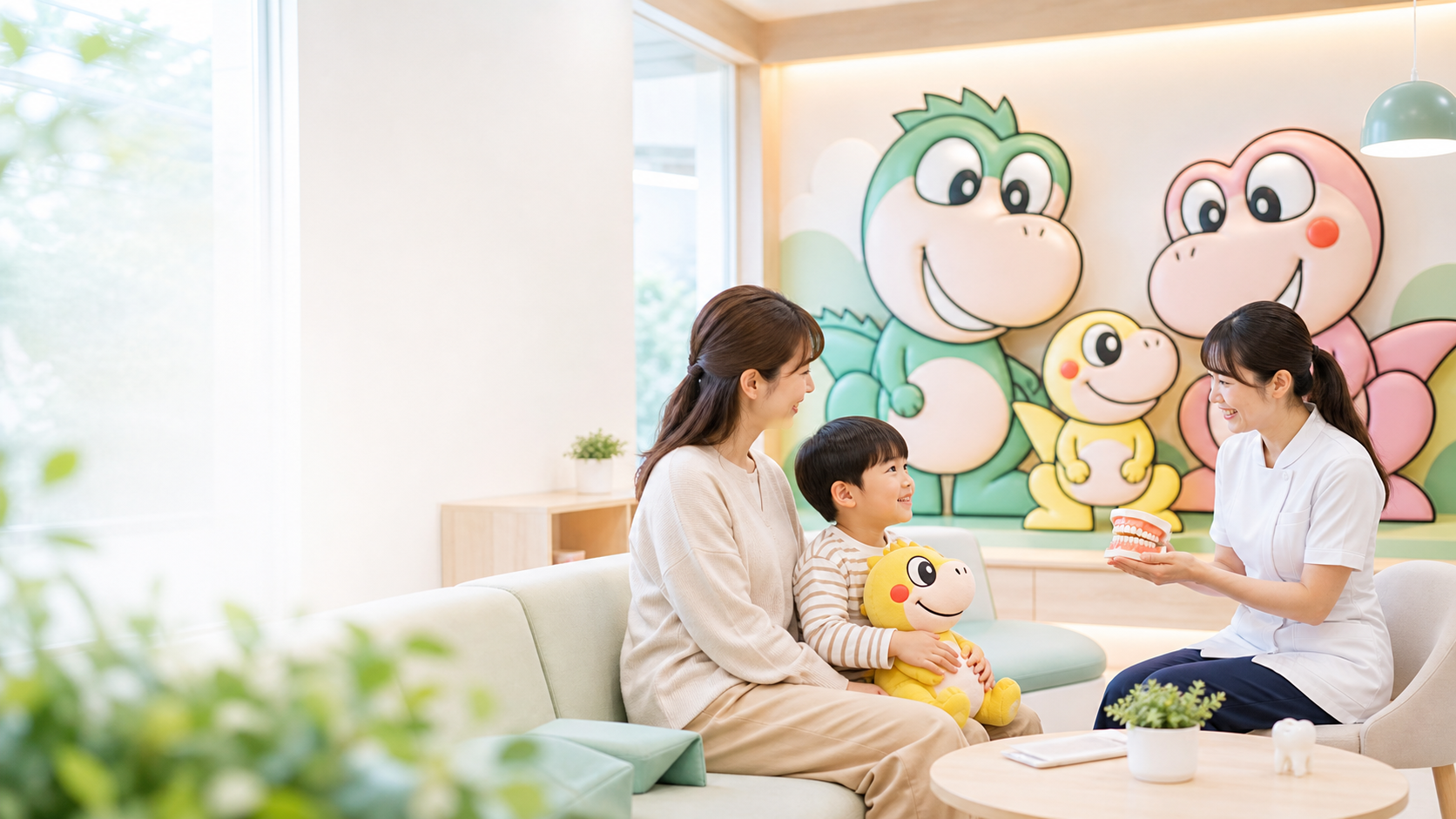 福岡市東区 小児歯科で親子が予防相談する、てりは恐竜王国のマスコット画像
